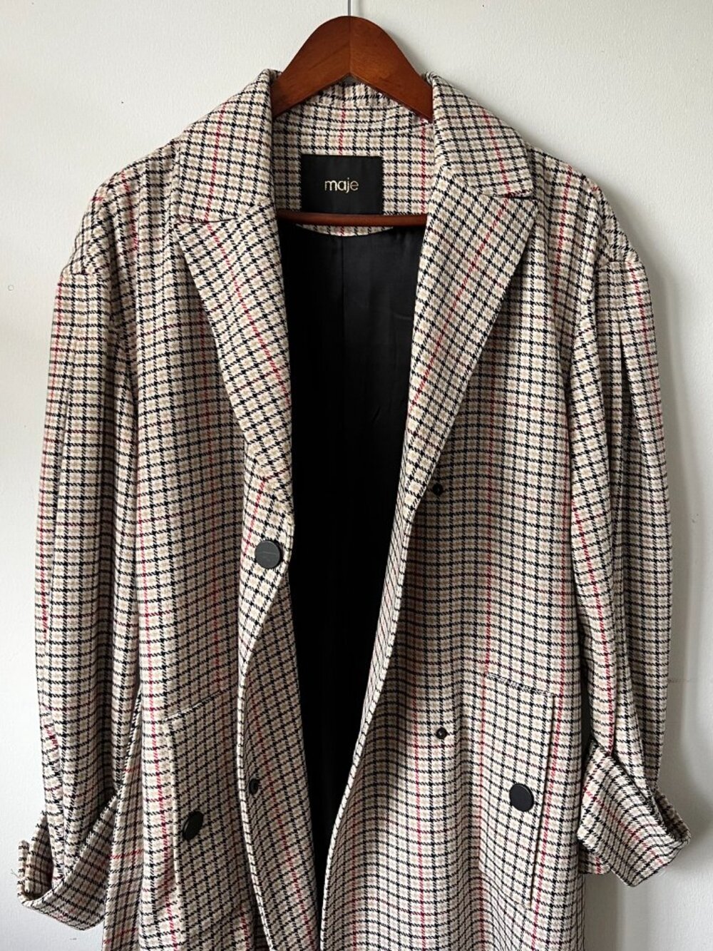 Maje Paris Long Plaid Checked Belted Brown Trench Coat FR 38 S/M Like New - Picture 8 of 16